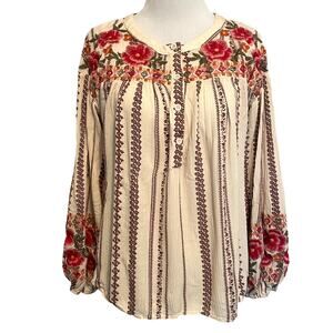 Savanna Jane Embroidered Peasant Top Womens Small Cream & Brown Floral Gauze